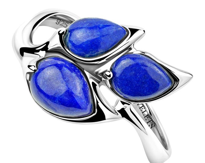 Lapis Lazuli Silver Ring – Nature-Inspired Leaf Design | 3 Pear-Shaped Natural Stones | Rhodium Plated Silver | Statement Ring for Women
