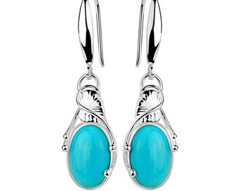 Turquoise Earrings with 8x12mm Oval Gemstones, Rhodium Plated, Leaf Design, Bezel Set, Sterling Silver Look, Handmade Natural Stone Jewelry