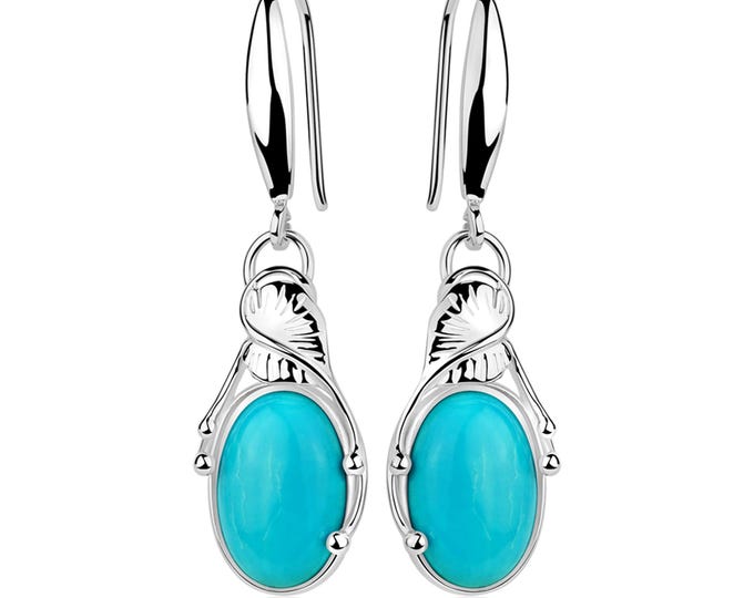 Turquoise Earrings with 8x12mm Oval Gemstones, Rhodium Plated, Leaf Design, Bezel Set, Sterling Silver Look, Handmade Natural Stone Jewelry