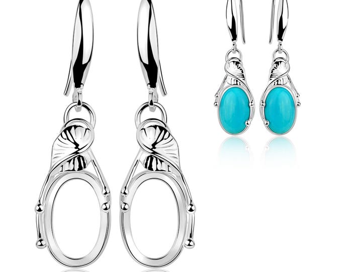 Silver Earring 8x12mm Blanks, Oval Bezel Base, Rhodium Plated, Leaf Decoration, Bezel Cup Setting for Cabochons, DIY Jewelry Making