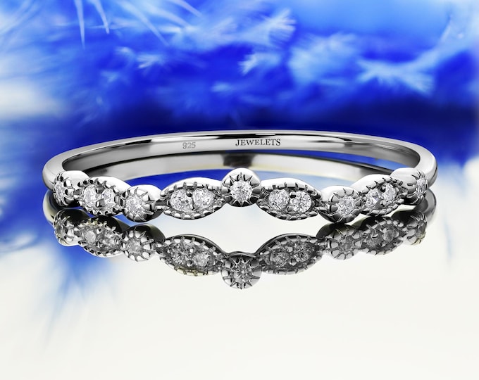 Sterling Silver CZ Band – Stackable Half Eternity Ring with 13 Cubic Zirconia – Rhodium Plated Ring Matching Solitaire or Wedding Ring