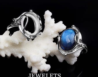 925 Silver Oval 12x16 mm Bezel Ring Blank – 12x16mm Cabochon Setting | Base | Design with Decorative Wire | DIY Gemstone Ring Rhodium Plated
