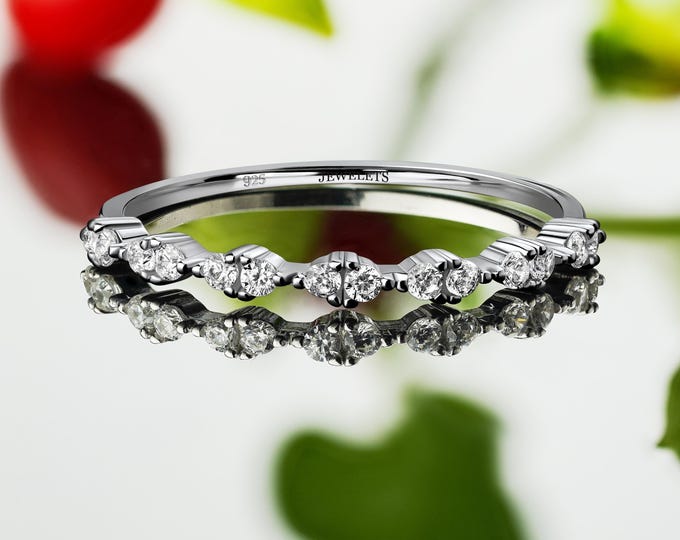 Sterling Silver Half Eternity CZ Band – Stackable Rhodium Plated Ring with 14 Sparkling CZ Stones – Dainty Wedding or Promise Ring