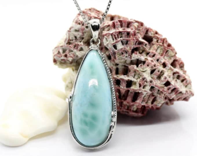 Larimar Pendant – 27x11mm Pear Shape Cabochon, Rhodium Plated Silver, Setting Natural Blue Larimar, Necklace Elegant Caribbean Gemstone