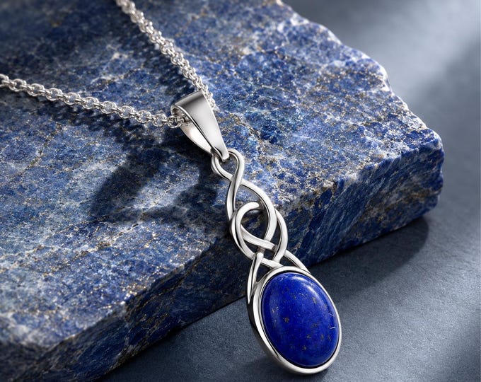 Natural Lapis Lazuli Pendant – 925 Sterling Silver Celtic Knot Design – Oval Blue Gemstone Fine Jewelry for Women – Chain Not Included