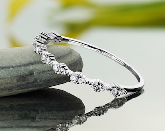Silver Half Eternity Ring – Stackable Cubic Zirconia Band with 6 Sections, 12 Stones – Dainty CZ Ring for Women