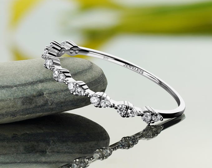 Silver Half Eternity Ring – Stackable Cubic Zirconia Band with 6 Sections, 12 Stones – Dainty CZ Ring for Women