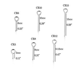 May include: A selection of silver eye pins in different sizes. Measurements are shown in both millimeters and inches, with the longest pin at 15mm (0.59 inches). The pins are labelled CR3, CR6, CR8, CR10, CR12, and CR15.