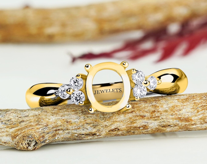 925 Silver 6x8 mm Ring Gold Plated Oval Bezel Blank Base with CZ Side Stones – DIY Gemstone Cabochon Setting – Ring for Jewelry Making