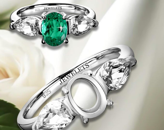 925 Sterling Silver 6x8 mm Oval Prong Setting Ring Blank – Two Pear Shape CZ Side Stones – DIY Mount for Faceted Gemstones