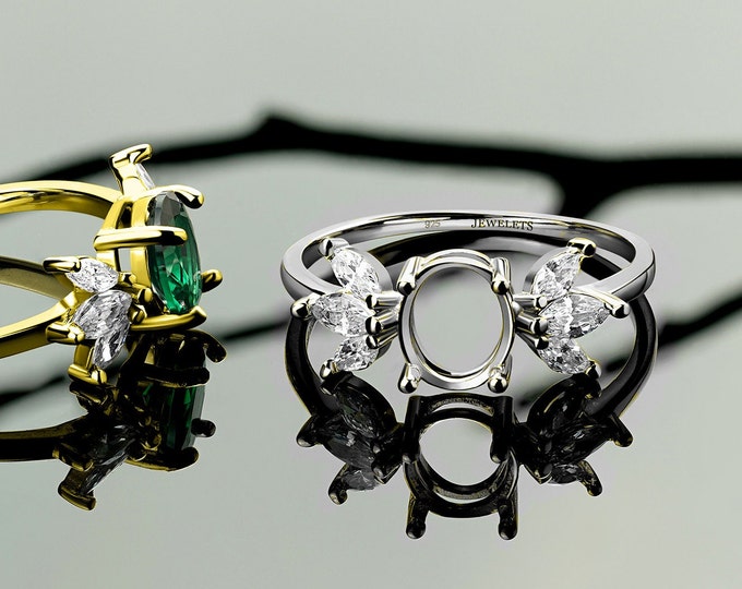 925 Silver Ring Blank 6X8 Prong Setting Marquise CZ Side Rhodium Plated and Gold Plated
