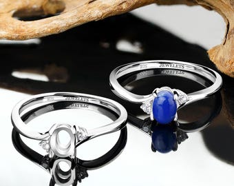 925 Silver Ring Blank with 5x7 mm Oval Prong –2 Cubic Zirconia Side Stones, Rhodium Plated DIY Base – Mount for Gemstone Cabochon Setting