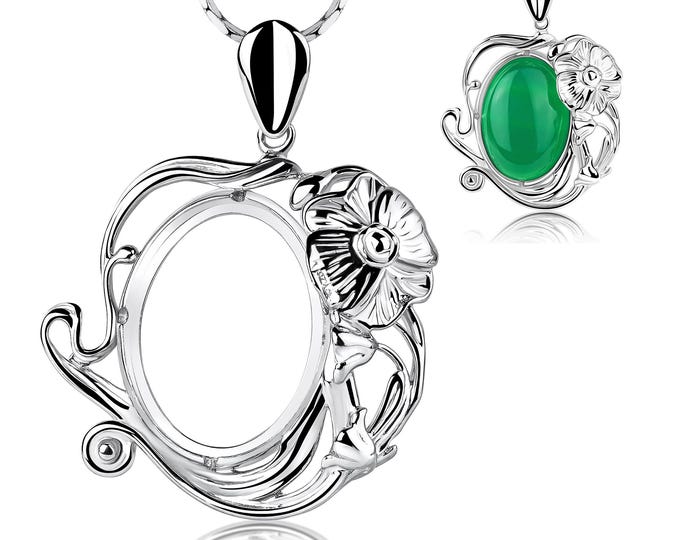 Silver Pendant Blank with 13x18mm Oval Bezel Setting, Rhodium Plated, Vintage Floral Frame, Bezel Cup for Cabochon, DIY Jewelry Making Base