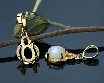 Sterling Silver Pendant Blank – Oval 6x8mm Prong Setting with Half Halo CZ – Horseshoe-Inspired Gold Plated Gemstone Jewelry