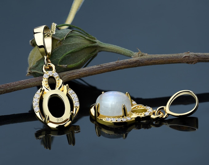 Sterling Silver Pendant Blank – Oval 6x8mm Prong Setting with Half Halo CZ – Horseshoe-Inspired Gold Plated Gemstone Jewelry