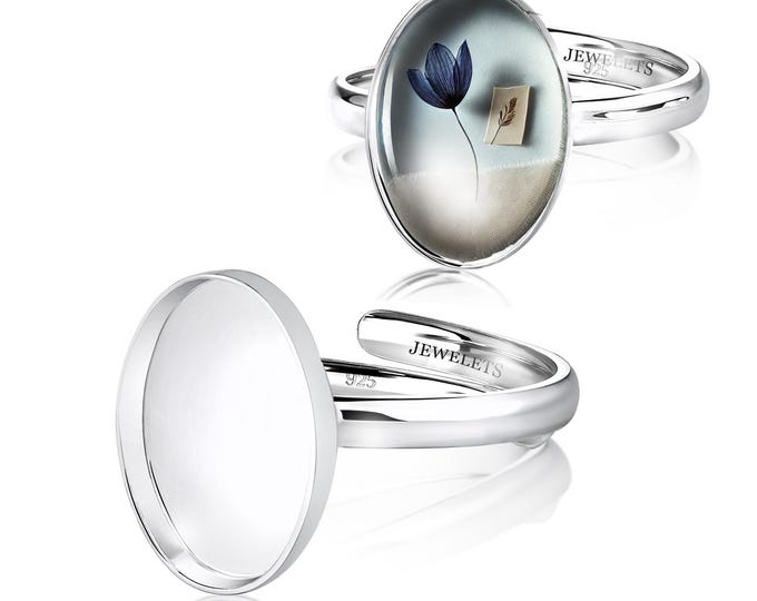 925 Sterling Silver 10x14mm Ring Blank – Oval Bezel Cup with Adjustable Band – Resin & Keepsake Jewelry Base