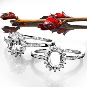 925 Sterling Silver 6x8 mm Ring Blank Halo Setting, Oval Gemstone, Pave Band, DIY Jewelry Making