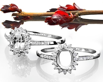 Sterling Silver 6x8 mm Ring Blank – Prong Setting for Faceted & Cabochon Stones | Halo with 16 CZ | Semi-Mount Fine Jewelry Base