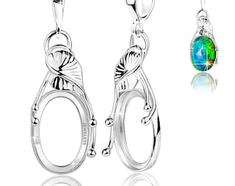 925 Sterling Silver Pendant Blank Bezel – Leaf Decorated Setting – Rhodium Plated Cabochon Base for DIY Jewelry Making