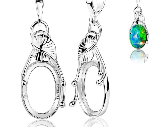 925 Sterling Silver Pendant Blank Bezel – Leaf Decorated Setting – Rhodium Plated Cabochon Base for DIY Jewelry Making