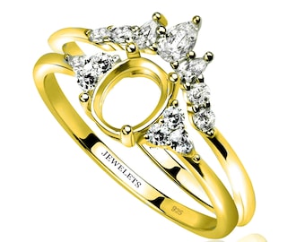 Gold Plated Silver 6x8 Engagement Ring Blank Set with Band, CZ Side Stones, Bridal Ring Base, Semi Mount Oval Ring Setting