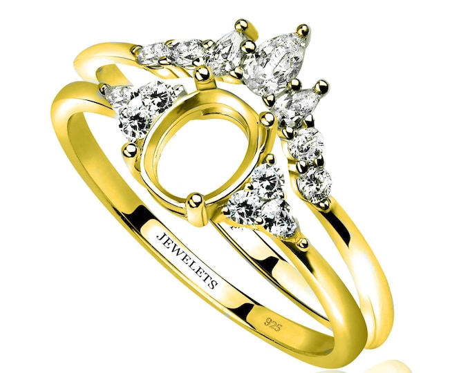 Gold Plated Silver 6x8 Engagement Ring Blank Set with Band, CZ Side Stones, Bridal Ring Base, Semi Mount Oval Ring Setting