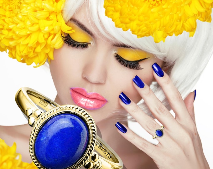 Lapis Lazuli 925 Sterling Silver Ring 8x10 mm – Gold Plated Classic Oval Gemstone Ring for Women – Deep Blue Natural Stone Jewelry