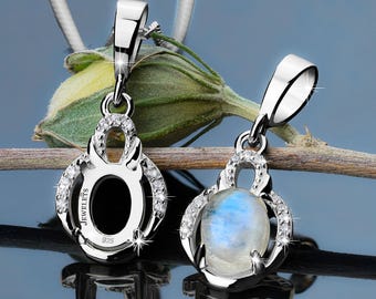 Sterling Silver Pendant Blank – Oval 6x8mm Prong Setting with Half Halo CZ – Horseshoe-Inspired Cabochon Setting for Gemstone Jewelry