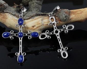 Cross Pendant Blanks, Pendant Base, Silver 925, Stone: 4x6 mm middle stone round 4 mm