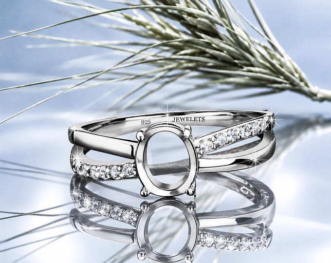 925 Sterling Silver Ring Blank – 6x8 mm Oval Prong Setting for Faceted Gemstones – Rhodium Plated with 12 CZ Side  and Double Crossing Band