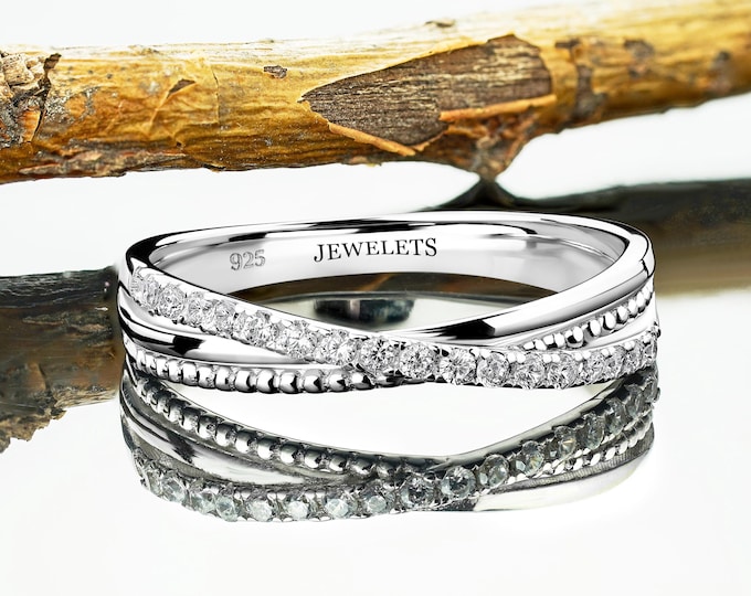 Silver Crossing Band Ring, Three Element Cross Over Ring, CZ & Beaded Half Eternity Ring, Polished Rhodium Jewelry