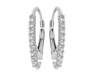 Silver Lever Back, 21mm Height, 12mm Width, 18 pcs CZ in Pair, 925 Silver, Rhodium Plated
