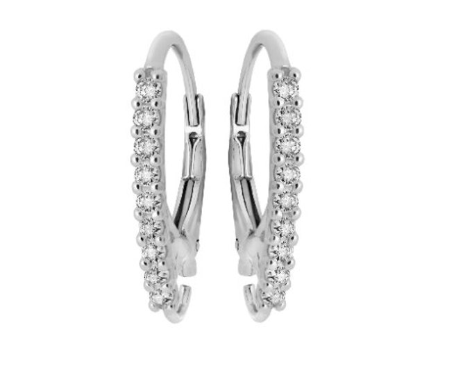 Silver Lever Back, 21mm Height, 12mm Width, 18 pcs CZ in Pair, 925 Silver, Rhodium Plated