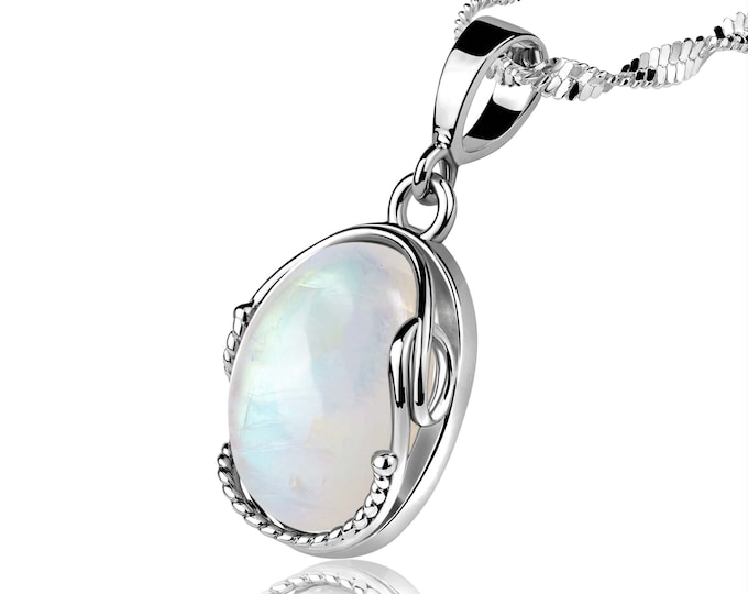 Moonstone Silver Pendant – Rhodium Plated – Gentle Wire Wrapped Gemstone – Vintage Style Jewelry – Boho Necklace Charm