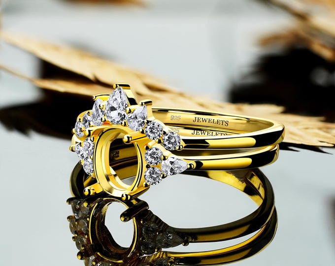 Silver 6x8 Engagement Ring Blank With Band Cubic Zirconia Side Stone, Wedding Set Gold Plated