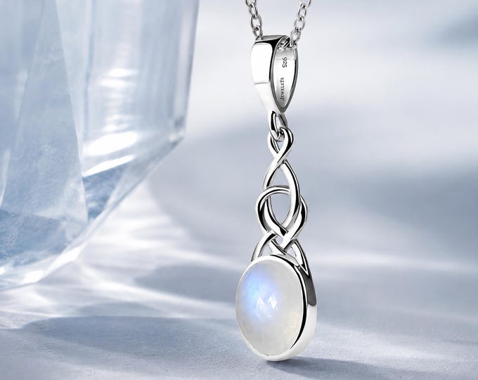 Rainbow Moonstone Celtic Knot Pendant – Rhodium Plated 925 Sterling Silver – Oval Gemstone Celtic Charm for Women – Chain Not Included