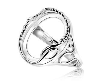 925 Sterling Silver Ring Blank – 10x14 mm Oval Bezel Setting – Rhodium Plated Flexible Wire Basket Frame for Cabochons DIY Gemstone Jewelry