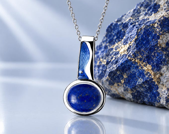 Natural Lapis Lazuli Pendant – Rhodium-Plated 925 Sterling Silver with Enamel – East-West Oval Blue Gemstone for Women – Chain Not Included