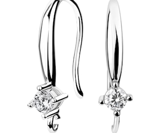 Earring Hooks – 1 Pair 925 Sterling Silver with Cubic Zirconia | 19 mm Long | Rhodium Plated Fine Jewelry Findings for DIY Earrings