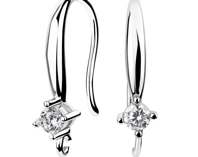 Earring Hooks – 1 Pair 925 Sterling Silver with Cubic Zirconia | 19 mm Long | Rhodium Plated Fine Jewelry Findings for DIY Earrings