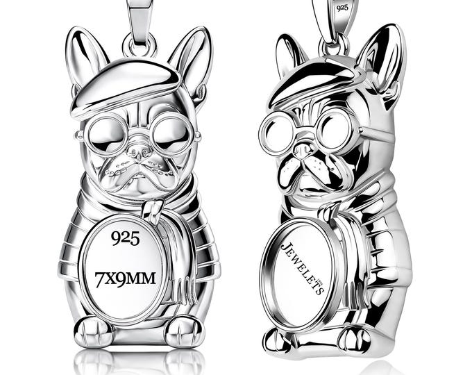 Dog Pendant 7x9mm Bezel Cup Blank, Rhodium Plated 925 Sterling Silver French Bulldog Base for Cabochons and Keepsake Jewelry