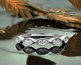 925 Sterling Silver Rhodium Plated Stackable Ring Band with Round and Marquise Cubic Zirconia – Elegant Half Eternity Style