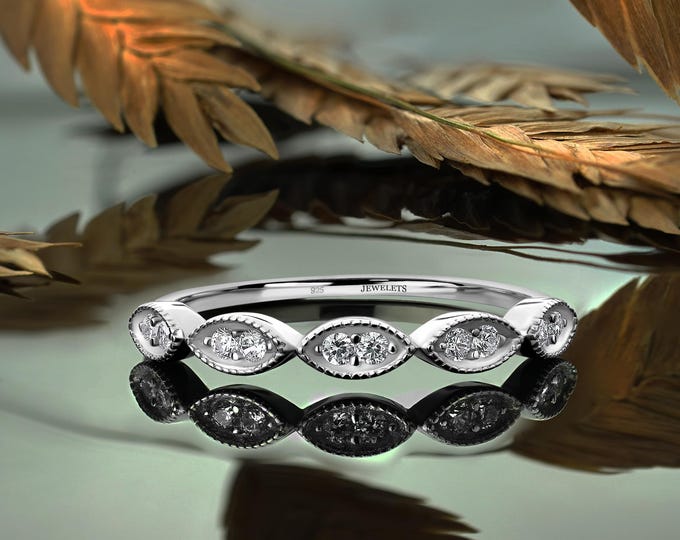 925 Sterling Silver Rhodium Plated Stackable Ring Band with Round and Marquise Cubic Zirconia – Elegant Half Eternity Style