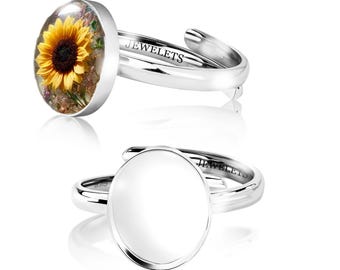 925 Sterling Silver Ring Blank – 10x12mm Oval Bezel Cup with Adjustable Band – DIY Keepsake Jewelry Setting