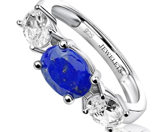 Lapis Lazuli Ring 925 Sterling Silver Oval Faceted 6x8mm Two Big CZ Stones – Signet Style East-West Direction–Gemstone Statement Jewelry