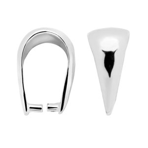May include: Silver pendant bail with a smooth, rounded shape. The bail is open on one side and has two small loops on the other side for attaching a chain.