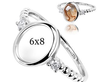 Sterling Silver 6×8 mm Ring Blank – Bezel Cup with 2 CZ Side Stones | Beaded Shank | Rhodium Plated Cabochon Mount for Women