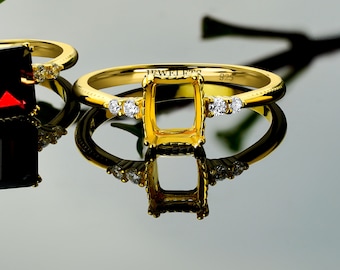 Silver 6x8 mm Ring Blank Rectangular for Faceted Stones – DIY Semi Mount | Gold Plated with Four CZ on the Side