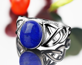 Lapis Lazuli Celtic Knot Ring | 925 Sterling Silver Rhodium Plated | 10x8mm Oval Gemstone | Boho Silver Ring for Women