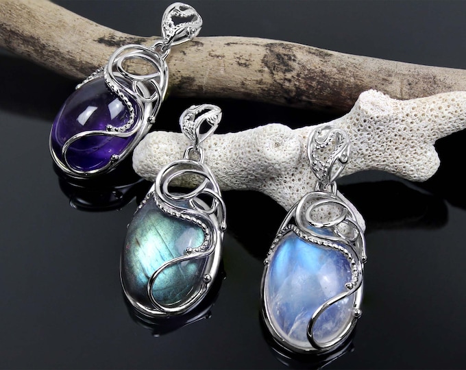Stunning Hand Made Silver 925 Pendant with Moonstone, Labradorite an Amethyst stones 13x18,Silver 925